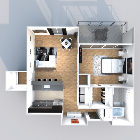 Floor plan for 1 bed, 1 bath, 877 sqft